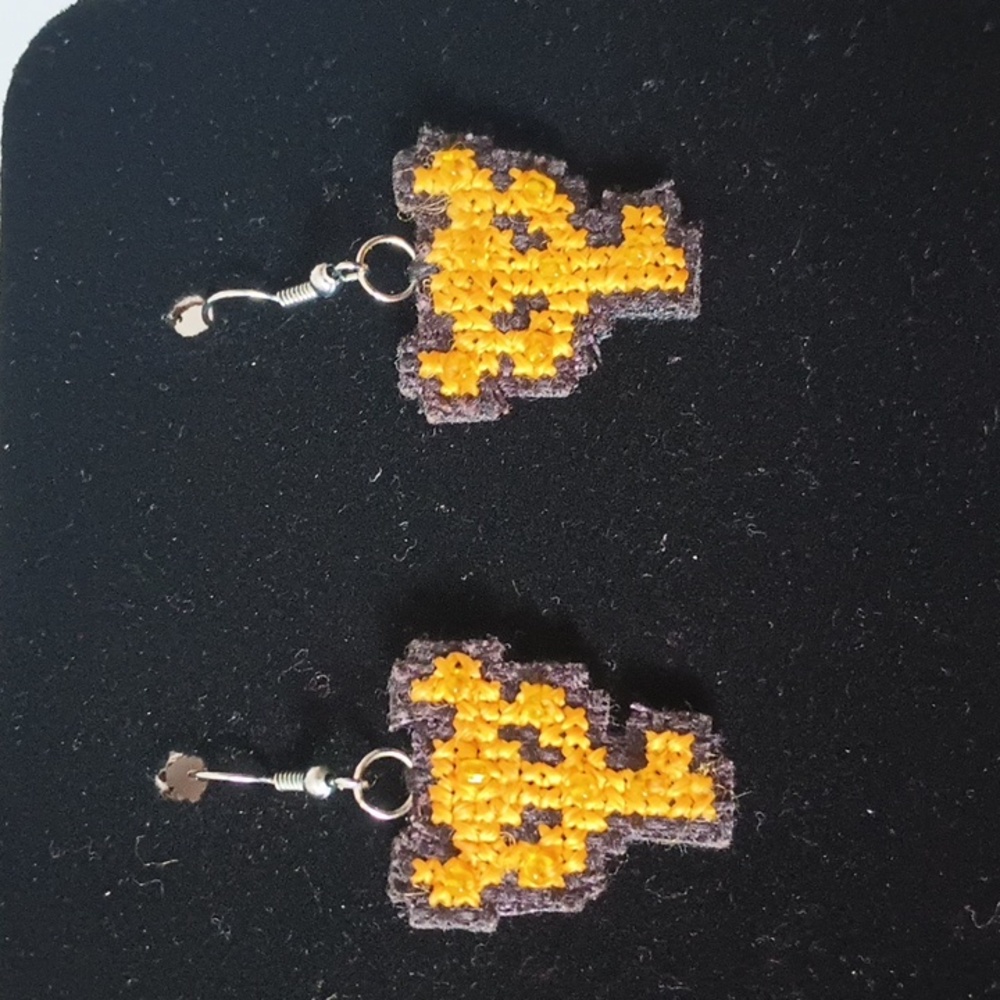 Yellow Zelda Boss Key handmade cross stitch earrings